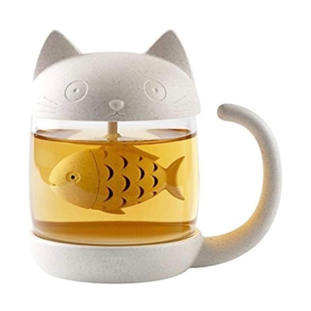 Cute Cat Glass Cup Tea Mug With Fish Tea Infuser Strainer Filter